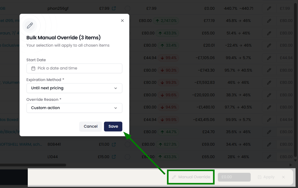 Settings in Bulk Manual Override