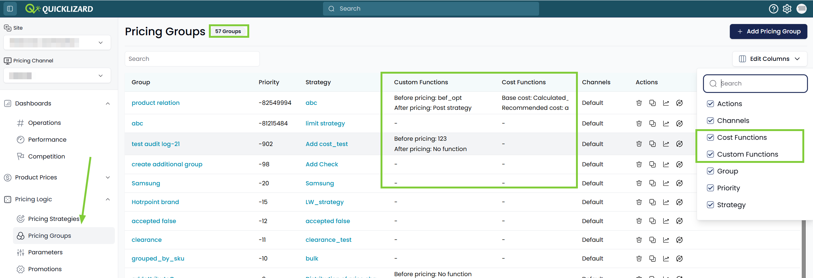 Pricing Group Index Page