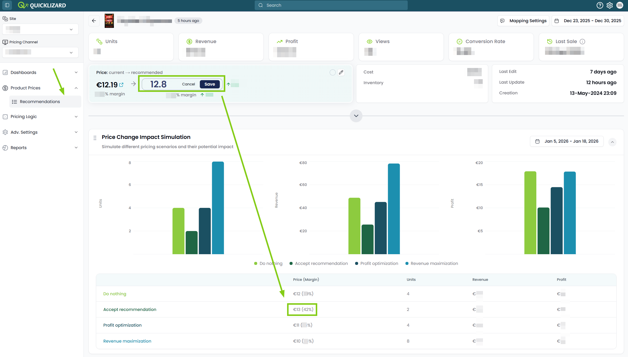 Changes applied in Price Change Impact Simulation