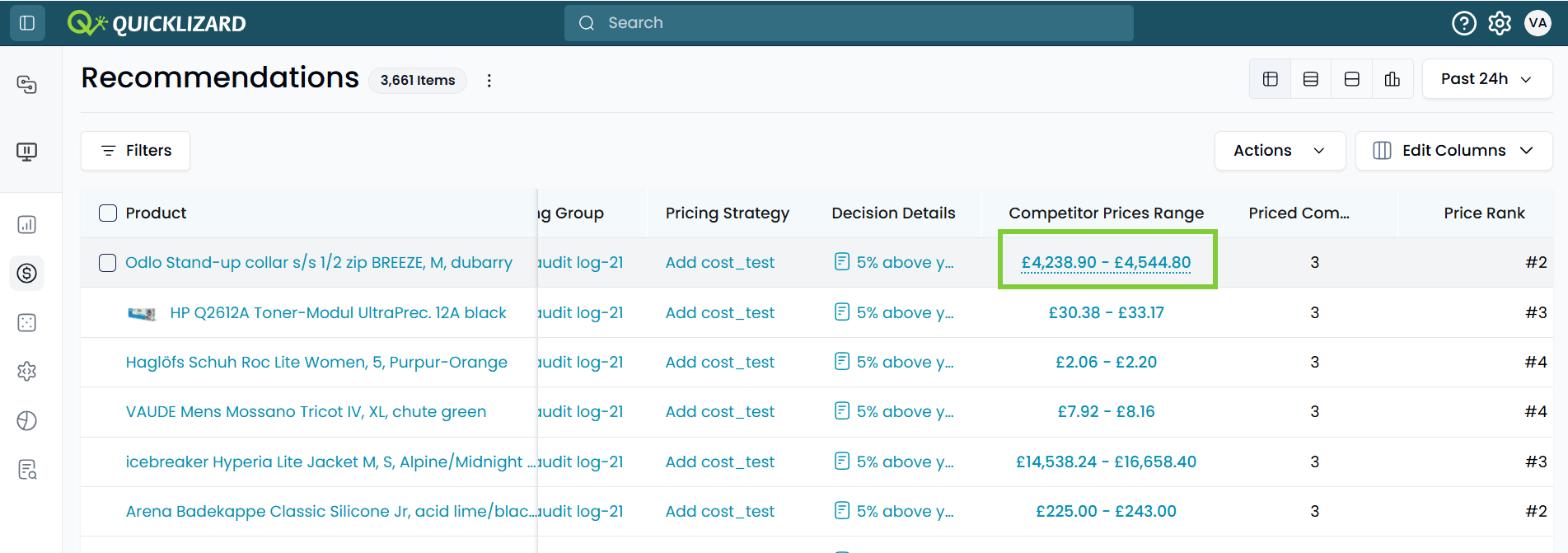 Competitor Price Range